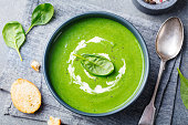 Spinach soup with cream in a bowl. Top view.