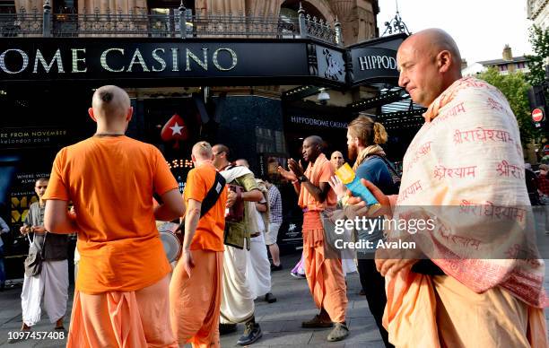 Hare Krishna followers in Cranbourne Street London, England, UK.