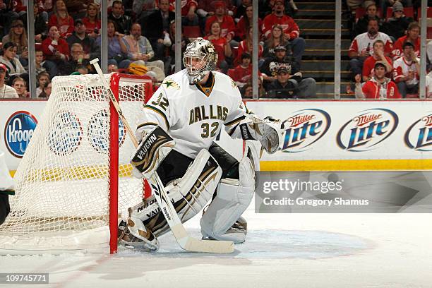 Kari Lehtonen of the Dallas Stars watches the puck while playing against the Detroit Red Wings on February 24, 2011 at Joe Louis Arena in Detroit,...
