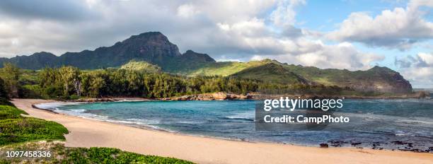 māhāʻulepū beach panorama - hawaii panoramic stock pictures, royalty-free photos & images