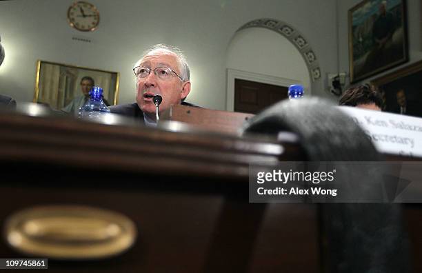 Interior Secretary Ken Salazar testifies during a hearing before the House Natural Resources Committee March 3, 2011 on Capitol Hill in Washington,...