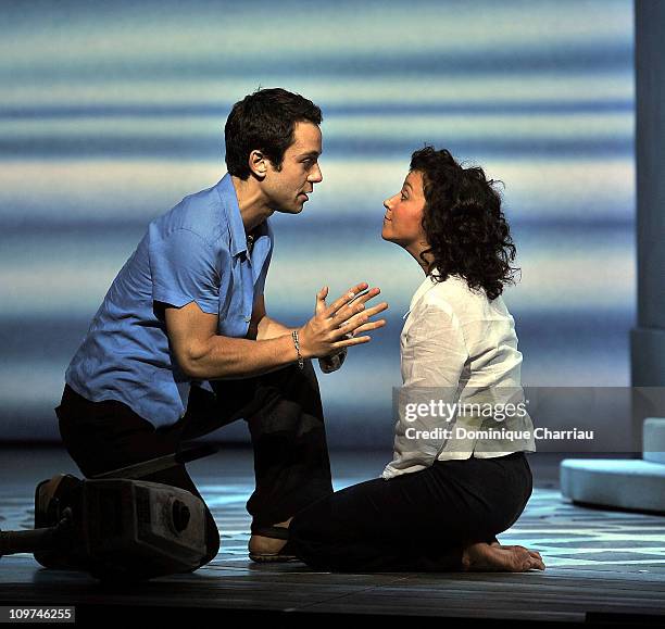 Dan Menash and Gaelle Gauthier perform on stage during the Mamma-Mia! rehearsals at Theatre Mogador on October 27, 2010 in Paris, France.