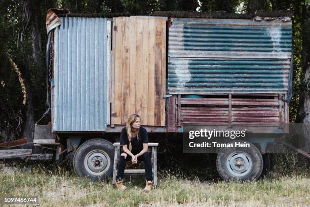 young woman and trailer - hillbilly stock pictures, royalty-free photos & images