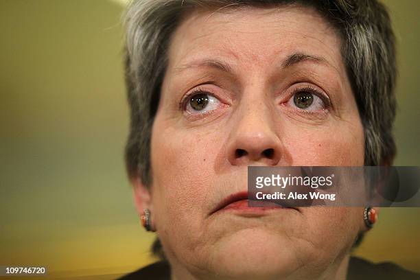 Secretary of Homeland Security Janet Napolitano testifies during a hearing before the House Homeland Security Committee March 3, 2011 on Capitol Hill...