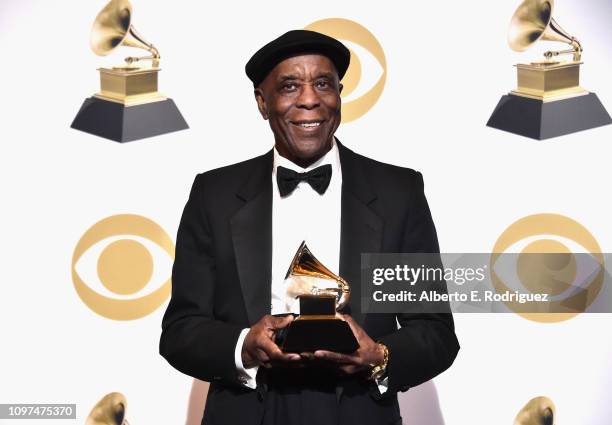 Buddy Guy, winner of Best Traditional Blues Album for 'The Blues Is Alive And Well', poses in the press room during the 61st Annual GRAMMY Awards at...