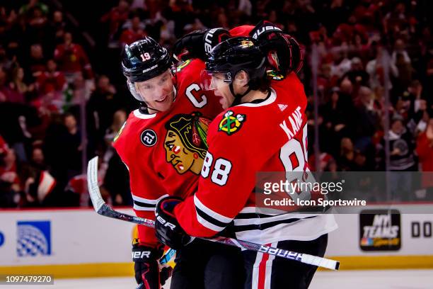 Chicago Blackhawks right wing Patrick Kane celebrates his goal with center Jonathan Toews during a game against the Detroit Red Wings on February 10...