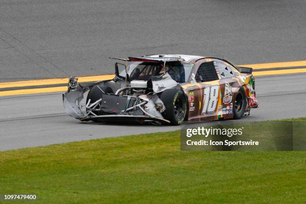 Kyle Busch, driver of the M&Ms Chocolate Bar Toyota, following a crash during the Advance Auto Parts Clash on February 10, 2019 at Daytona...