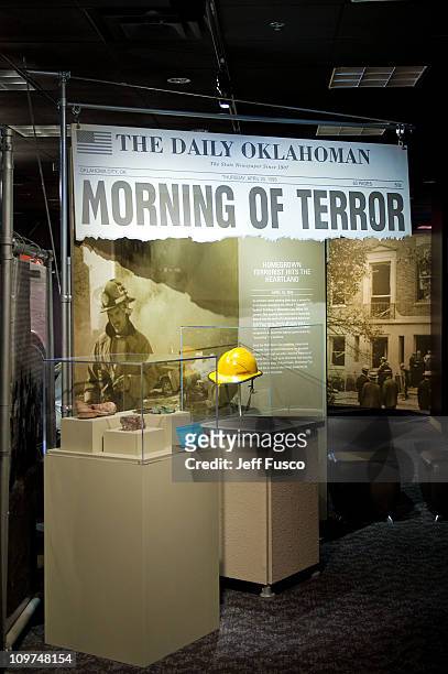 An Oklahoma City Bombing exhibit is shown at the "Spies, Traitors & Saboteurs: Fear & Freedom In America" exhibition being held at the National...