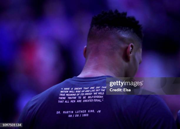 Russell Westbrook of the Oklahoma City Thunder stands for the national anthem before the game against the New York Knicks at Madison Square Garden on...