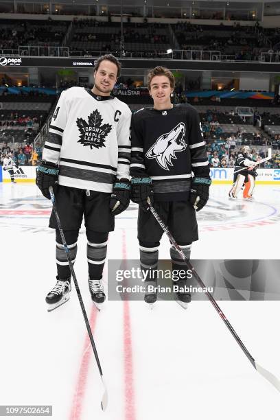 Auston Matthews and Clayton Keller the Arizona Coyotes pose together during warm-up prior to the 2019 Honda NHL All-Star Game at SAP Center on...