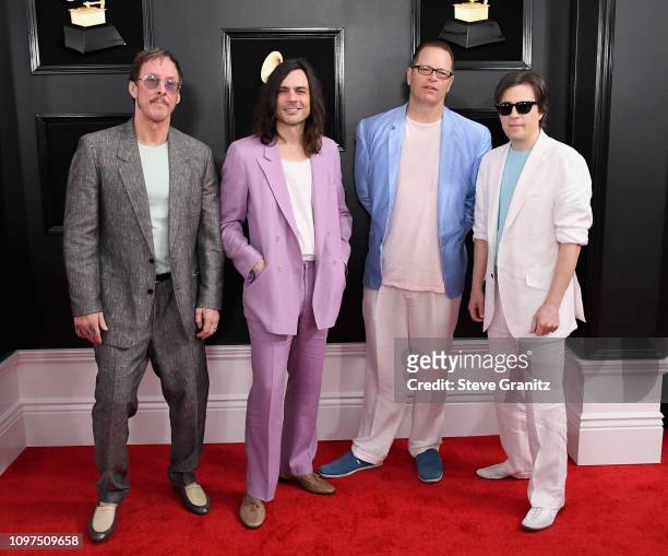 Rivers Cuomo, Patrick Wilson, Brian Bell, and Scott Shriner of US rock band Weezer attend the 61st Annual GRAMMY Awards at Staples Center on February...