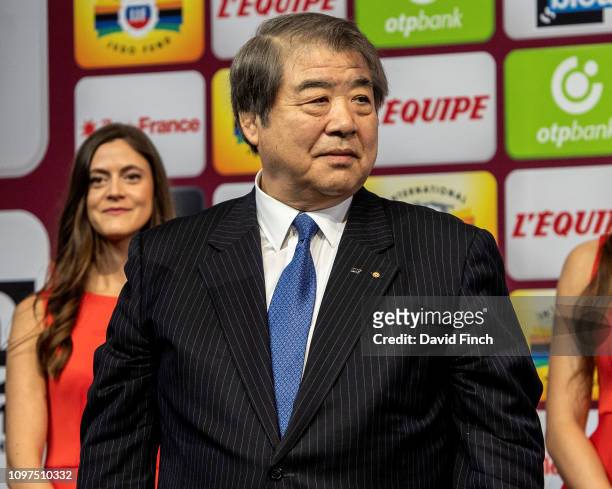 Former Olympic and World Champion , Haruki Uemura of Japan presented the o100kg medals during day 2 of the 2019 Paris Judo Grand Slam at the...