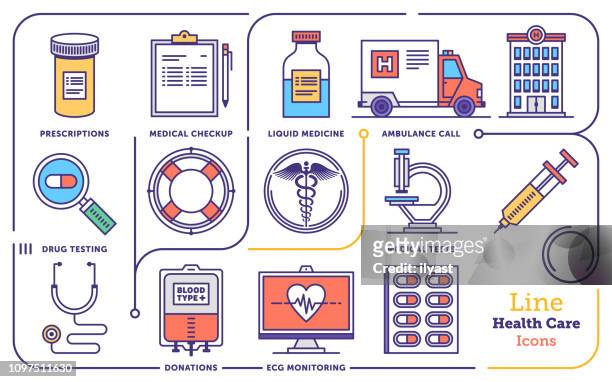 gesundheitsmanagement-vektor-flache linie-icon-set - chemical process icon stock-grafiken, -clipart, -cartoons und -symbole