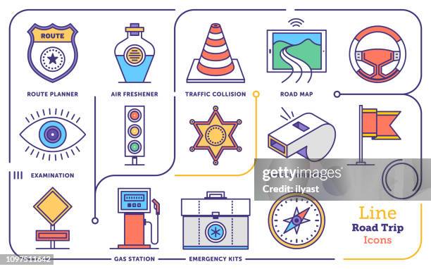 road trip planner vector flat line icon set - driving force stock illustrations