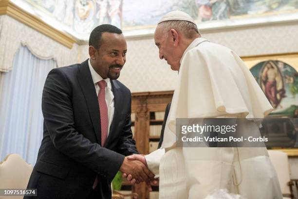 Pope Francis meets H.E. Abiy Ahmed, Prime Minister of Ethiopia at The Vatican on January 21, 2019 in Vatican City, Vatican.
