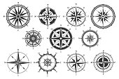 Vintage compass. Nautical map directions vintage rose wind. Retro marine wind measure. Windrose compasses vector icons