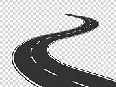 Winding road. Journey traffic curved highway. Road to horizon in perspective. Winding asphalt empty line isolated concept