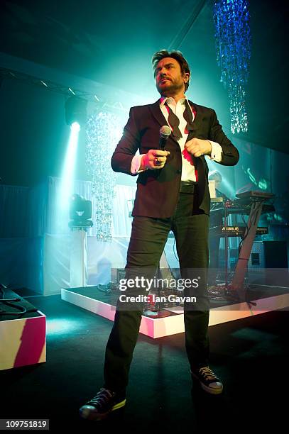 Simon Le Bon performs live with Duran Duran during the Ice & Diamonds Send-Off Ball in aid of Walking With The Wounded at Battersea Power station on...