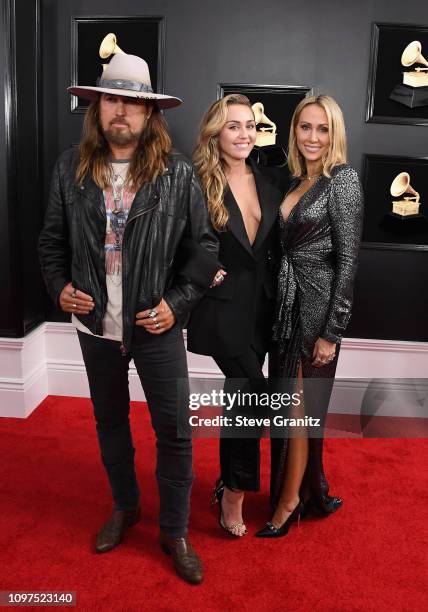Billy Ray Cyrus, Miley Cyrus, and Tish Cyrus attend the 61st Annual GRAMMY Awards at Staples Center on February 10, 2019 in Los Angeles, California.