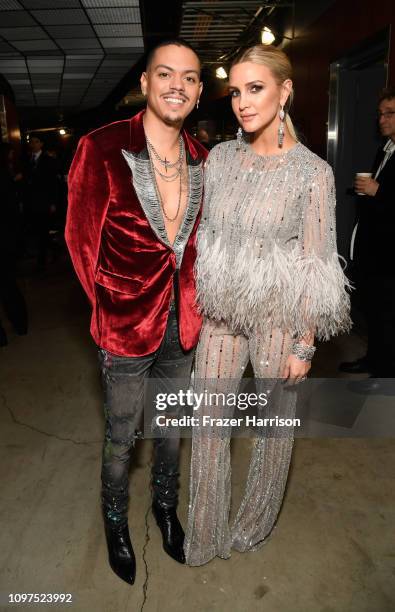 Evan Ross and Ashlee Simpson backstage during the 61st Annual GRAMMY Awards at Staples Center on February 10, 2019 in Los Angeles, California.