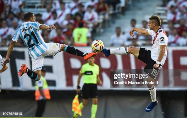 Marcelo Diaz of Racing Club fights for the ball with Rafael Santos Borre of River Plate during a match between River Plate and Racing Club as part of...