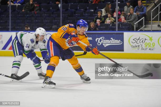 Otto Koivula of the Bridgeport Sound Tigers takes a shot during a game against the Utica Comets at Webster Bank Arena on February 10, 2019 in...