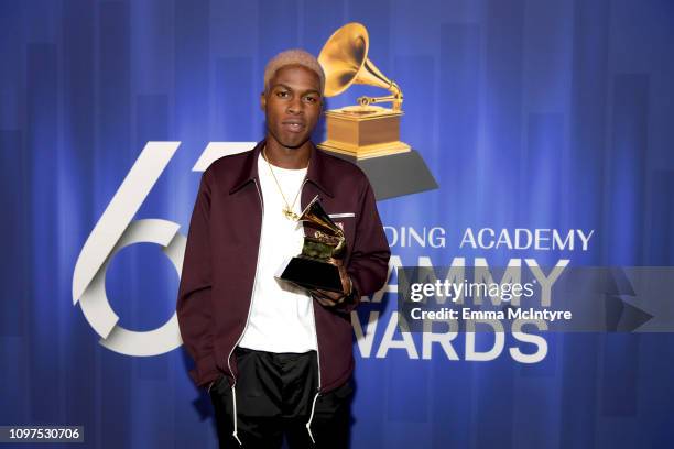 Daniel Caesar poses with his award at the 61st Annual GRAMMY Awards Premiere Ceremony at Microsoft Theater on February 10, 2019 in Los Angeles,...