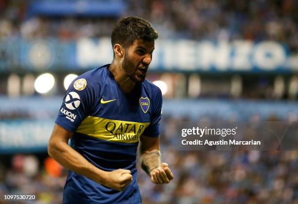 Lisandro Lopez of Boca Juniors celebrates after scoring the first goal of his team during a match between Belgrano and Boca Juniors as part of...