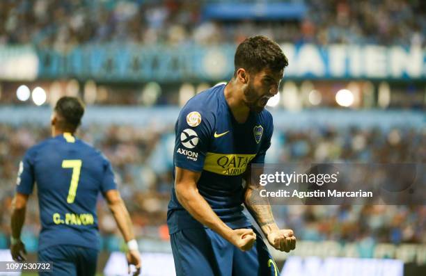 Lisandro Lopez of Boca Juniors celebrates after scoring the first goal of his team during a match between Belgrano and Boca Juniors as part of...