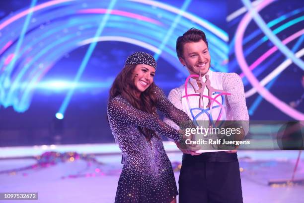 Sarah Lombardi and Joti Polizoakis attend the finals of the television show "Dancing On Ice" on February 10, 2019 in Cologne, Germany.