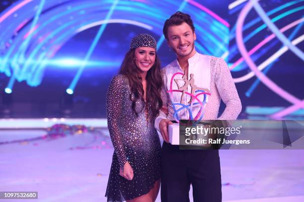 Sarah Lombardi and Joti Polizoakis attend the finals of the television show "Dancing On Ice" on February 10, 2019 in Cologne, Germany.