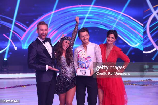 Daniel Boschmann, Sarah Lombardi, Joti Polizoakis and Marlene Lufen attend the finals of the television show "Dancing On Ice" on February 10, 2019 in...