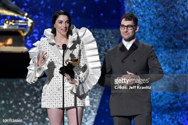 Jack Antonoff and St. Vincent accept award for Best Rock Song onstage at the premiere ceremony during the 61st Annual GRAMMY Awards at Microsoft...