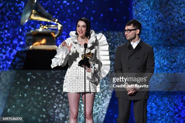 Jack Antonoff and St. Vincent accept award for Best Rock Song onstage at the premiere ceremony during the 61st Annual GRAMMY Awards at Microsoft...