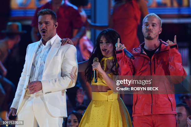 Puerto Rican singer Ricky Martin, US-Cuban singer-songwriter Camila Cabello and Colombian singer J Balvin perform onstage during the 61st Annual...
