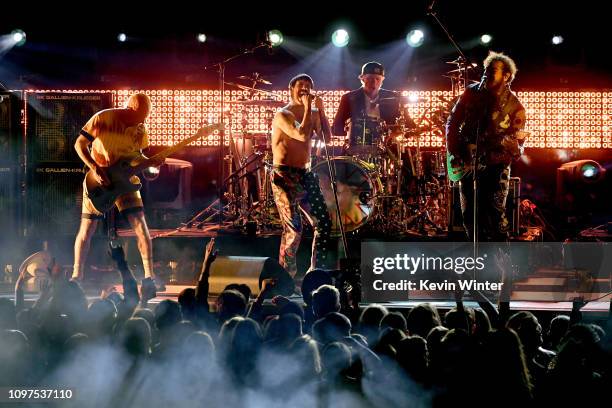 Flea, Anthony Kiedis, and Chad Smith of Red Hot Chili Peppers and Post Malone perform onstage during the 61st Annual GRAMMY Awards at Staples Center...