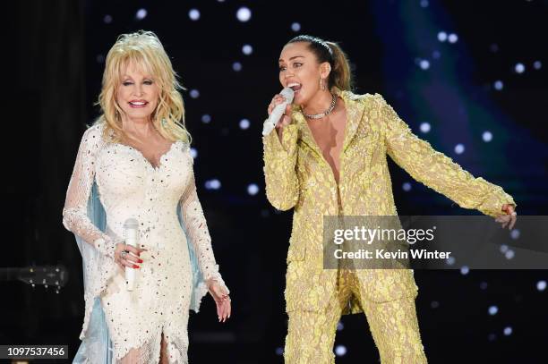 Dolly Parton and Miley Cyrus perform onstage during the 61st Annual GRAMMY Awards at Staples Center on February 10, 2019 in Los Angeles, California.