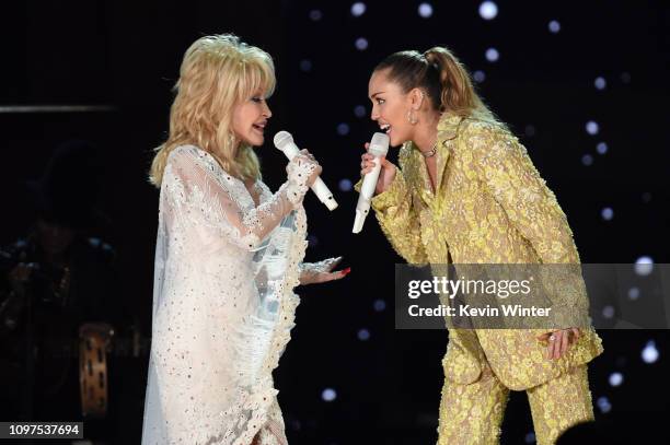 Dolly Parton and Miley Cyrus perform onstage during the 61st Annual GRAMMY Awards at Staples Center on February 10, 2019 in Los Angeles, California.