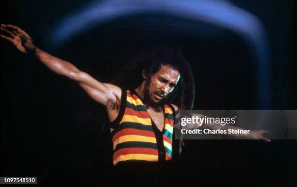 Bob Marley and the Wailers perform at Reggae Sunsplash Festival on July 9, 1979 in Montego Bay, Jamaica.