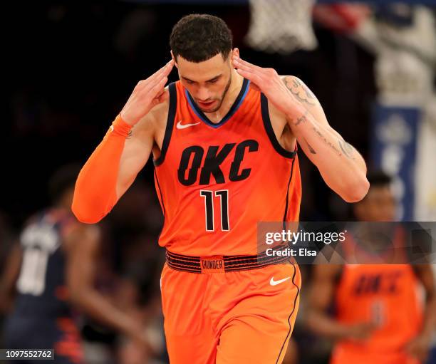 Abdel Nader of the Oklahoma City Thunder celebrates his three point shot in the fourth quarter against the New York Knicks at Madison Square Garden...