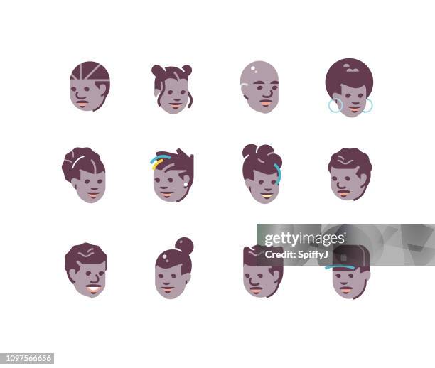 ilustraciones, imágenes clip art, dibujos animados e iconos de stock de diversidad avatares iconos plana serie - igualdad racial