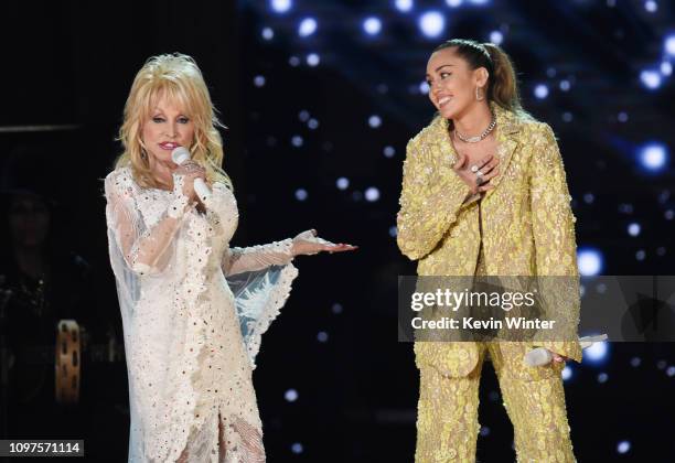 Dolly Parton and Miley Cyrus perform onstage during the 61st Annual GRAMMY Awards at Staples Center on February 10, 2019 in Los Angeles, California.
