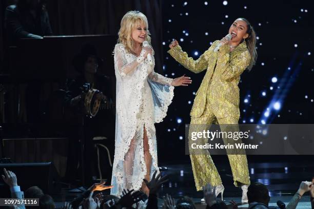 Dolly Parton and Miley Cyrus perform onstage during the 61st Annual GRAMMY Awards at Staples Center on February 10, 2019 in Los Angeles, California.