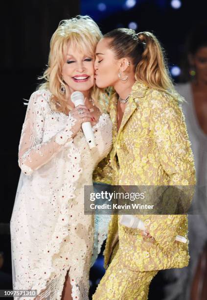 Dolly Parton and Miley Cyrus perform onstage during the 61st Annual GRAMMY Awards at Staples Center on February 10, 2019 in Los Angeles, California.