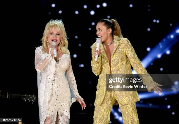Dolly Parton and Miley Cyrus perform onstage during the 61st Annual GRAMMY Awards at Staples Center on February 10, 2019 in Los Angeles, California.