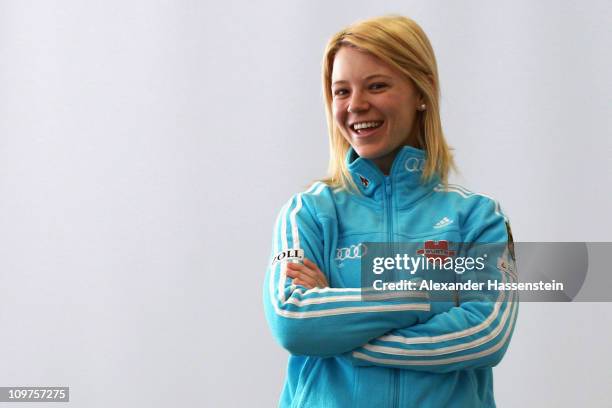 Miriam Goessner of Germany poses after a press conference during the IBU Biathlon World Championships at A.V. Philipenko winter sports centre on...