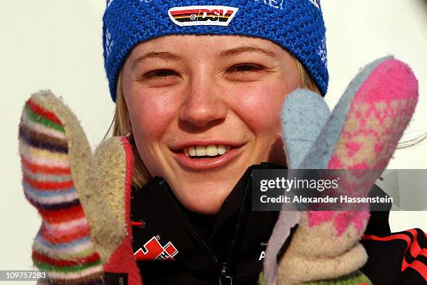 Miriam Goessner of Germany poses after a press conference during the IBU Biathlon World Championships at A.V. Philipenko winter sports centre on...