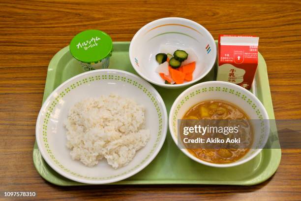 school lunch of jr.high school in japan. - school lunch stock pictures, royalty-free photos & images