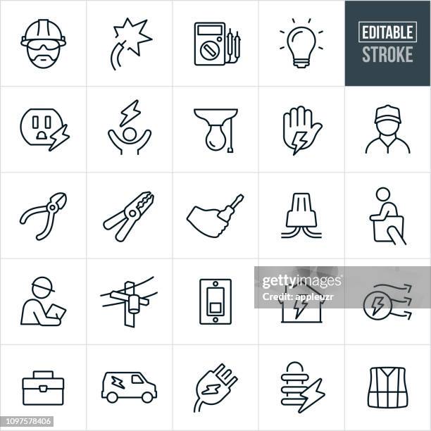 bildbanksillustrationer, clip art samt tecknat material och ikoner med elektriker linje ikoner - redigerbar stroke - elektricitet