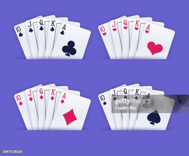 ilustraciones, imágenes clip art, dibujos animados e iconos de stock de cartas de juego escalera real - purple suit